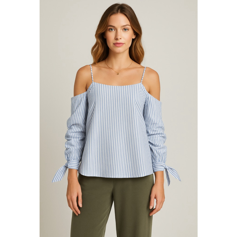 NWT After Market Zip Back Cold Shoulder Blouse Stripe Top $98